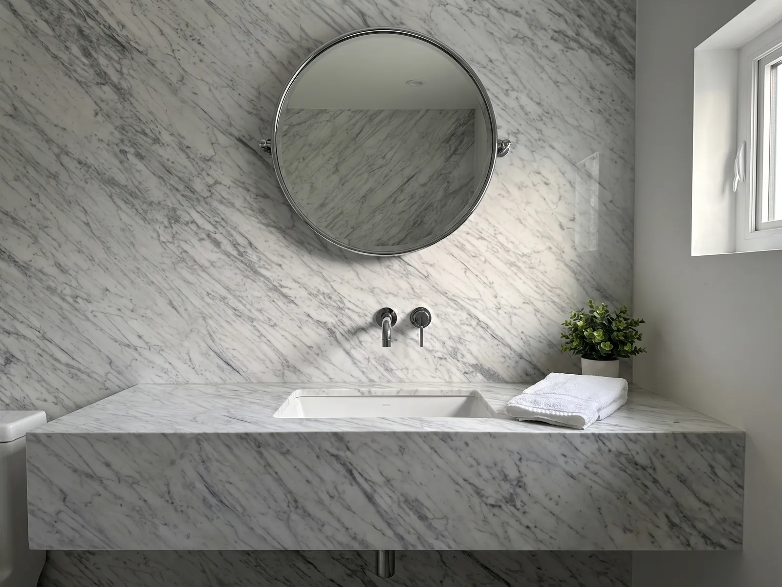 Cubierta de lavabo y pared de baño en mármol blanco Carrara: blanco grisáceo con un dibujo gris fino y difuso repartido por toda la superficie