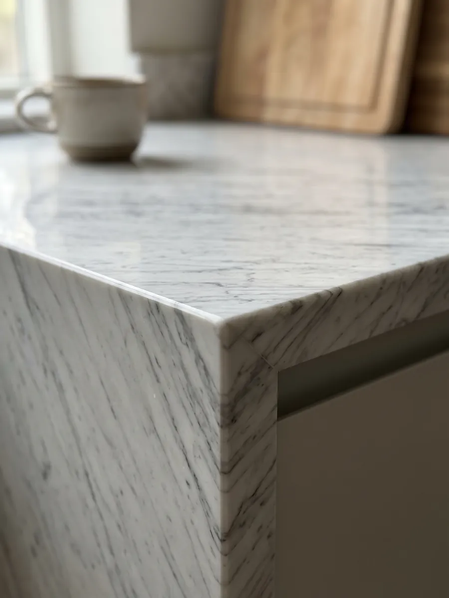 Canto recto de una cubierta de cocina en mármol blanco Carrara: blanco grisáceo con un dibujo gris fino y difuso repartido por toda la superficie