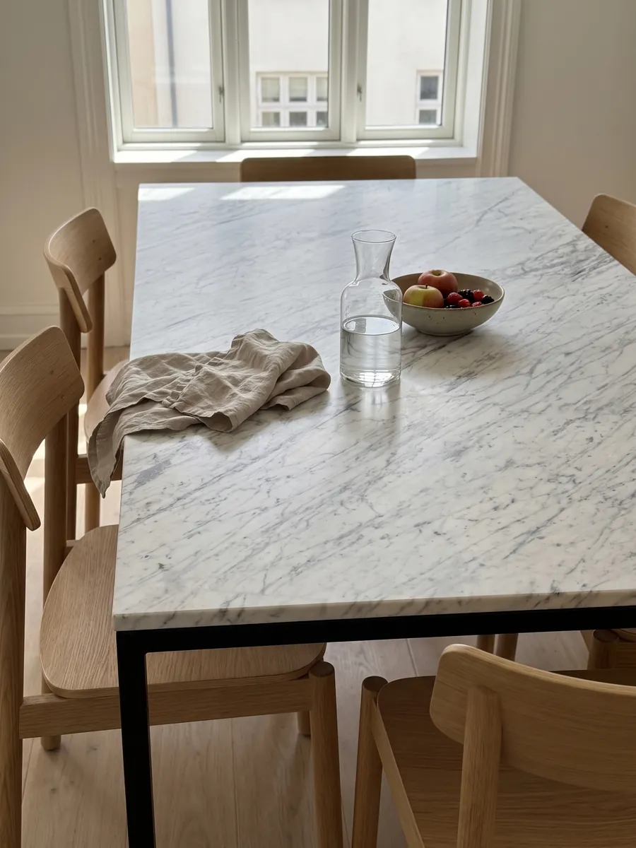 Mesa de comedor con cubierta de mármol Carrara