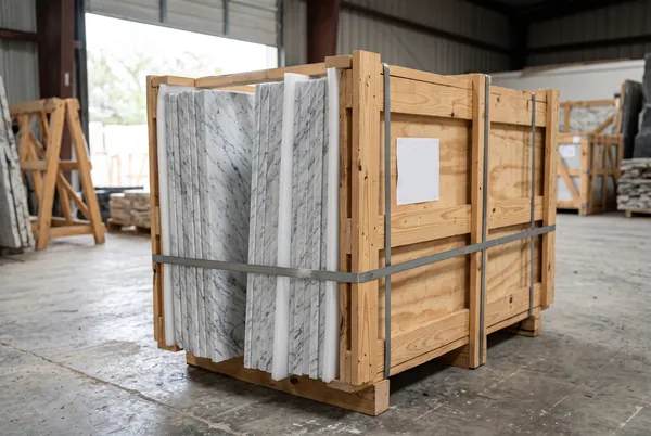 Placas de mármol blanco embaladas de pie en una caja de madera con flejes