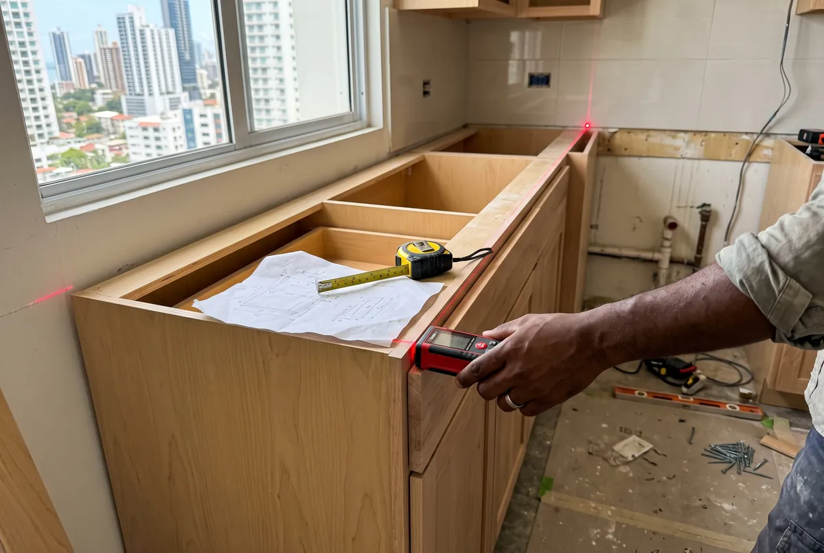 Medición de una cocina en obra con un medidor láser en Ciudad de Panamá