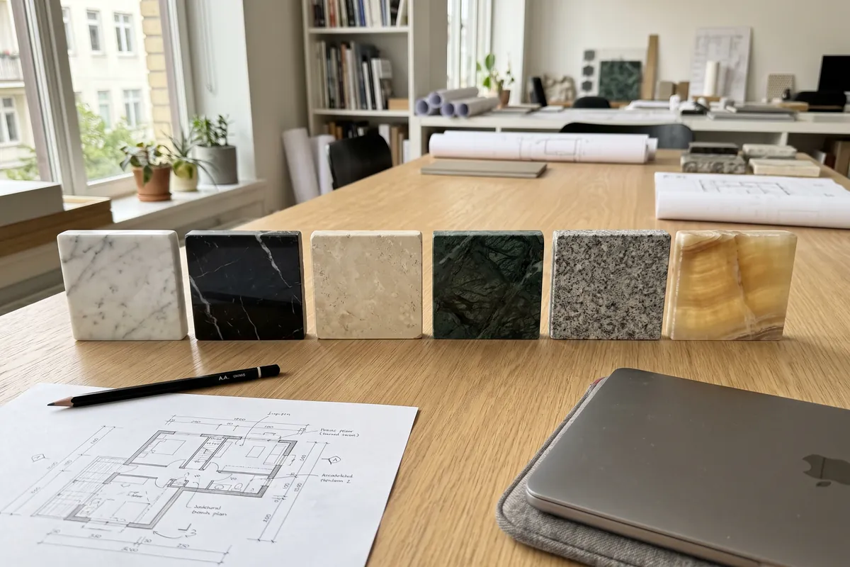 Muestras de mármol, granito y ónix sobre la mesa de una oficina de arquitectura
