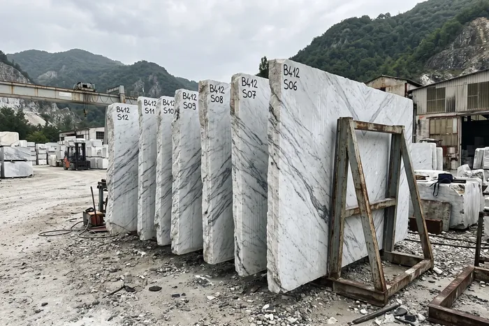Placas de mármol del mismo bloque en el patio del productor