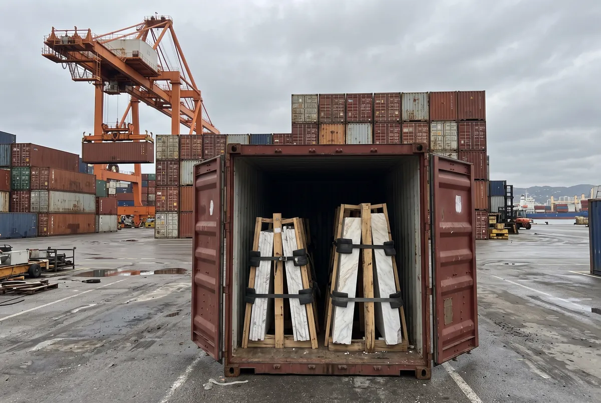 Contenedor abierto en un puerto con placas de mármol sujetas en caballetes de madera