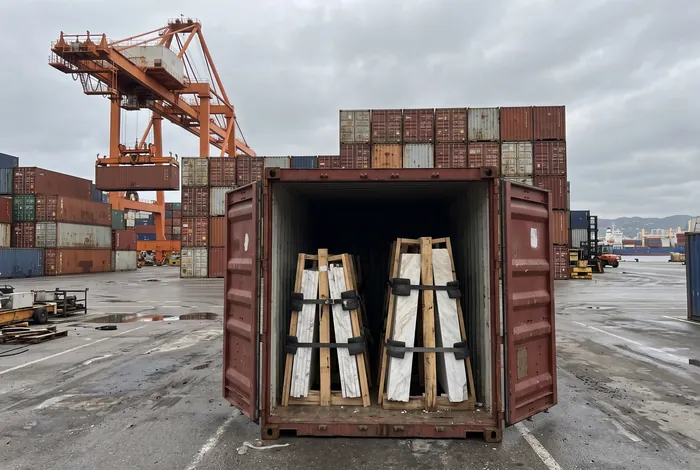 Contenedor abierto en un puerto con placas de mármol sujetas en caballetes de madera