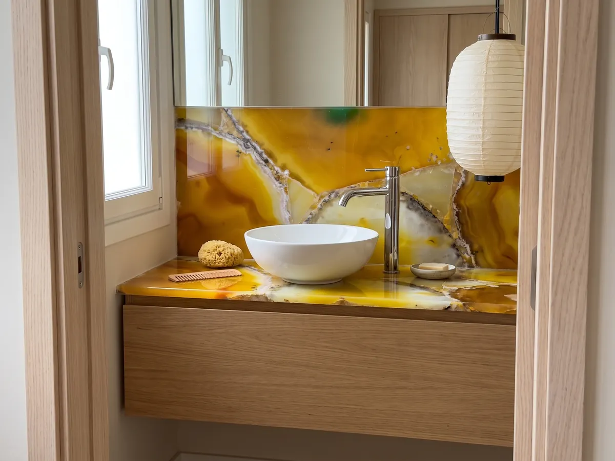 Cubierta de lavabo y pared de baño en Ágata Amarilla con lavamanos blanco y grifería cromada: rodajas grandes de ágata amarillo intenso con bordes grises; un punto verde arriba