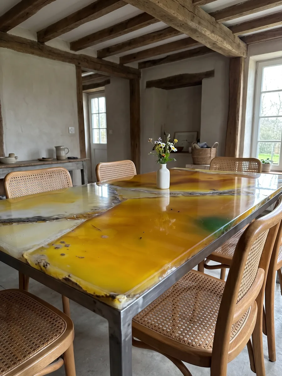 Mesa de comedor con cubierta de Ágata Amarilla sobre base de acero: rodajas grandes de ágata amarillo intenso con bordes grises; un punto verde arriba