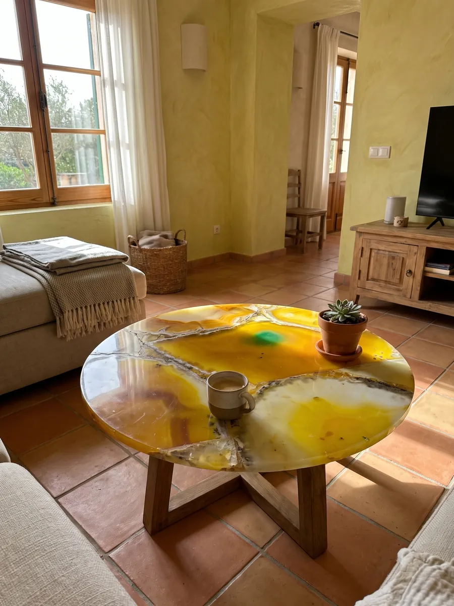 Mesa de centro con cubierta de Ágata Amarilla en una sala: rodajas grandes de ágata amarillo intenso con bordes grises; un punto verde arriba