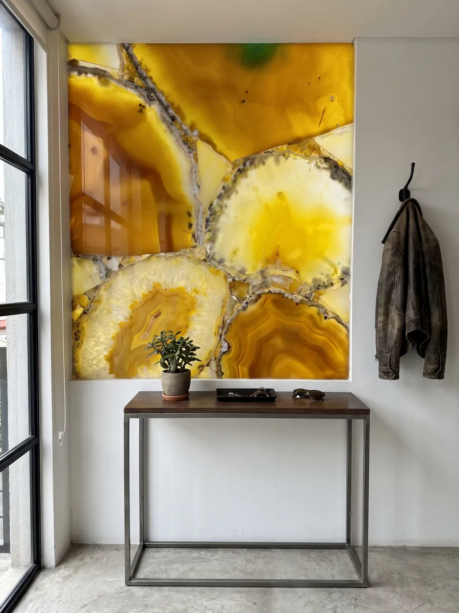 Pared de recibidor revestida con Ágata Amarilla con consola estrecha: rodajas grandes de ágata amarillo intenso con bordes grises; un punto verde arriba