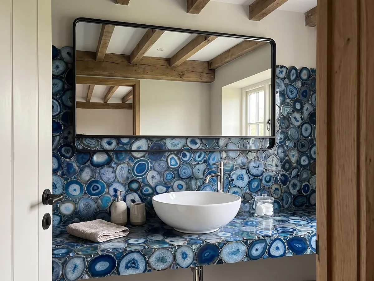 Cubierta de lavabo y pared de baño en Ágata Azul con lavamanos blanco y grifería cromada: mosaico de rodajas de ágata azul con anillos concéntricos y centros blancos