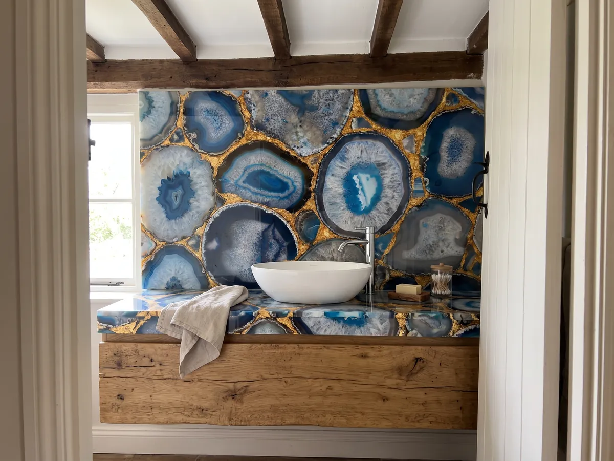 Cubierta de lavabo y pared de baño en Ágata Azul con Hoja de Oro con lavamanos blanco y grifería cromada: rodajas grandes de ágata azul unidas por juntas doradas