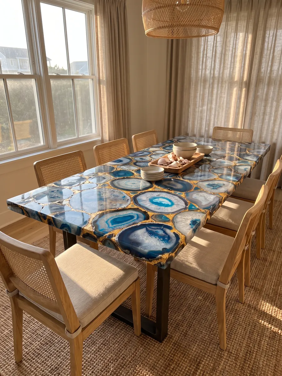 Mesa de comedor con cubierta de Ágata Azul con Hoja de Oro sobre base de acero: rodajas grandes de ágata azul unidas por juntas doradas
