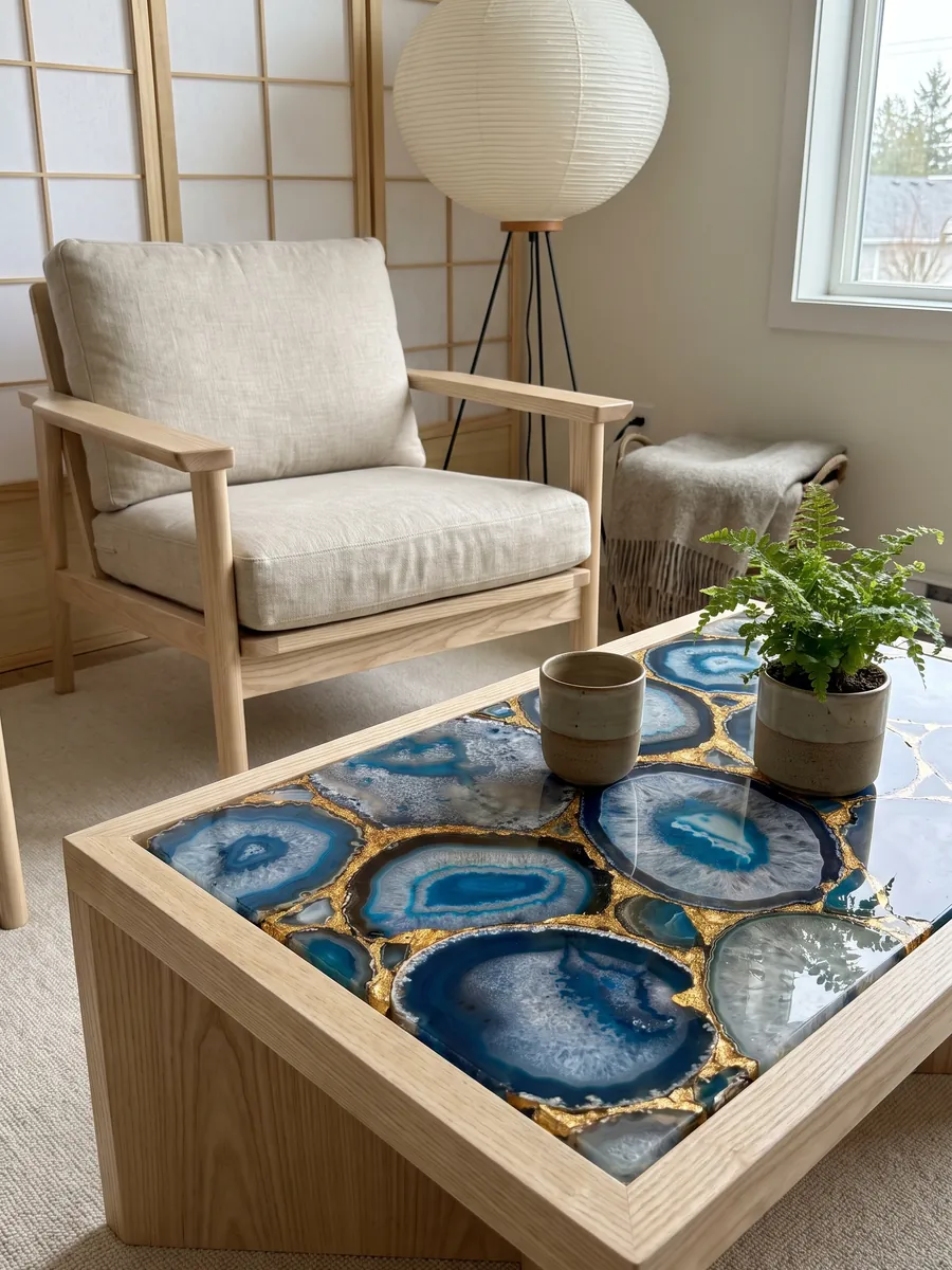 Mesa de centro con cubierta de Ágata Azul con Hoja de Oro en una sala: rodajas grandes de ágata azul unidas por juntas doradas