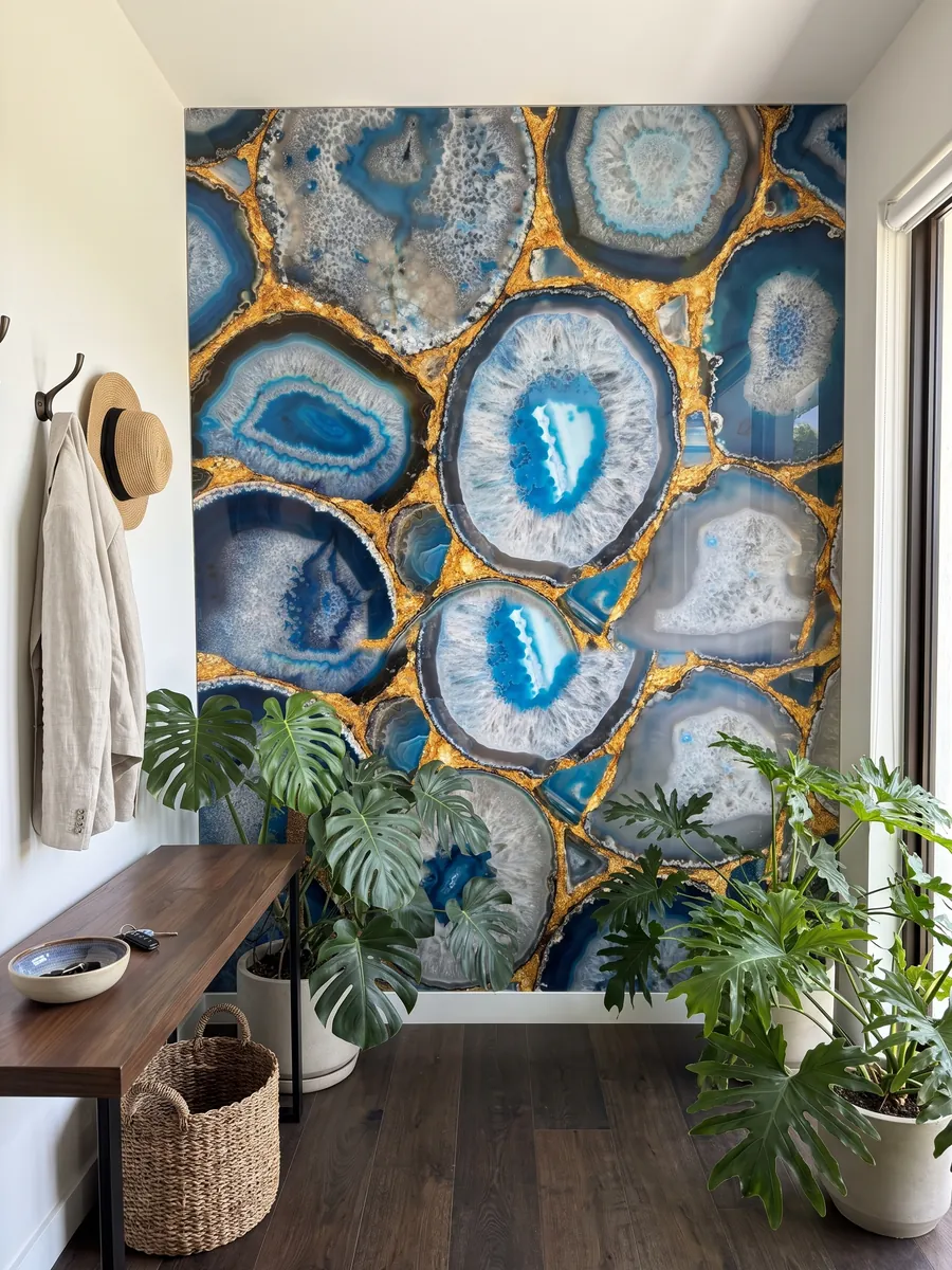 Pared de recibidor revestida con Ágata Azul con Hoja de Oro con consola estrecha: rodajas grandes de ágata azul unidas por juntas doradas