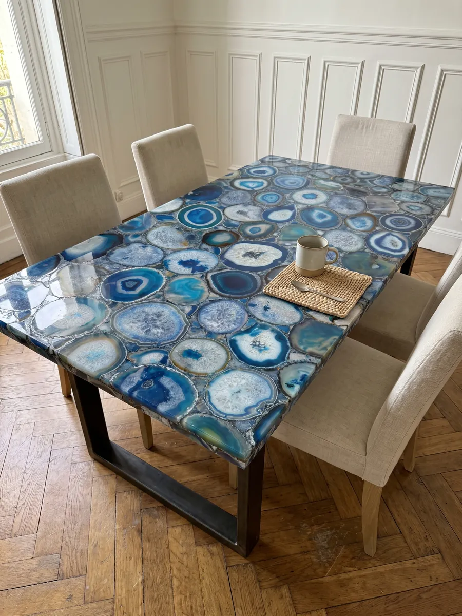Mesa de comedor con cubierta de Ágata Azul sobre base de acero: mosaico de rodajas de ágata azul con anillos concéntricos y centros blancos