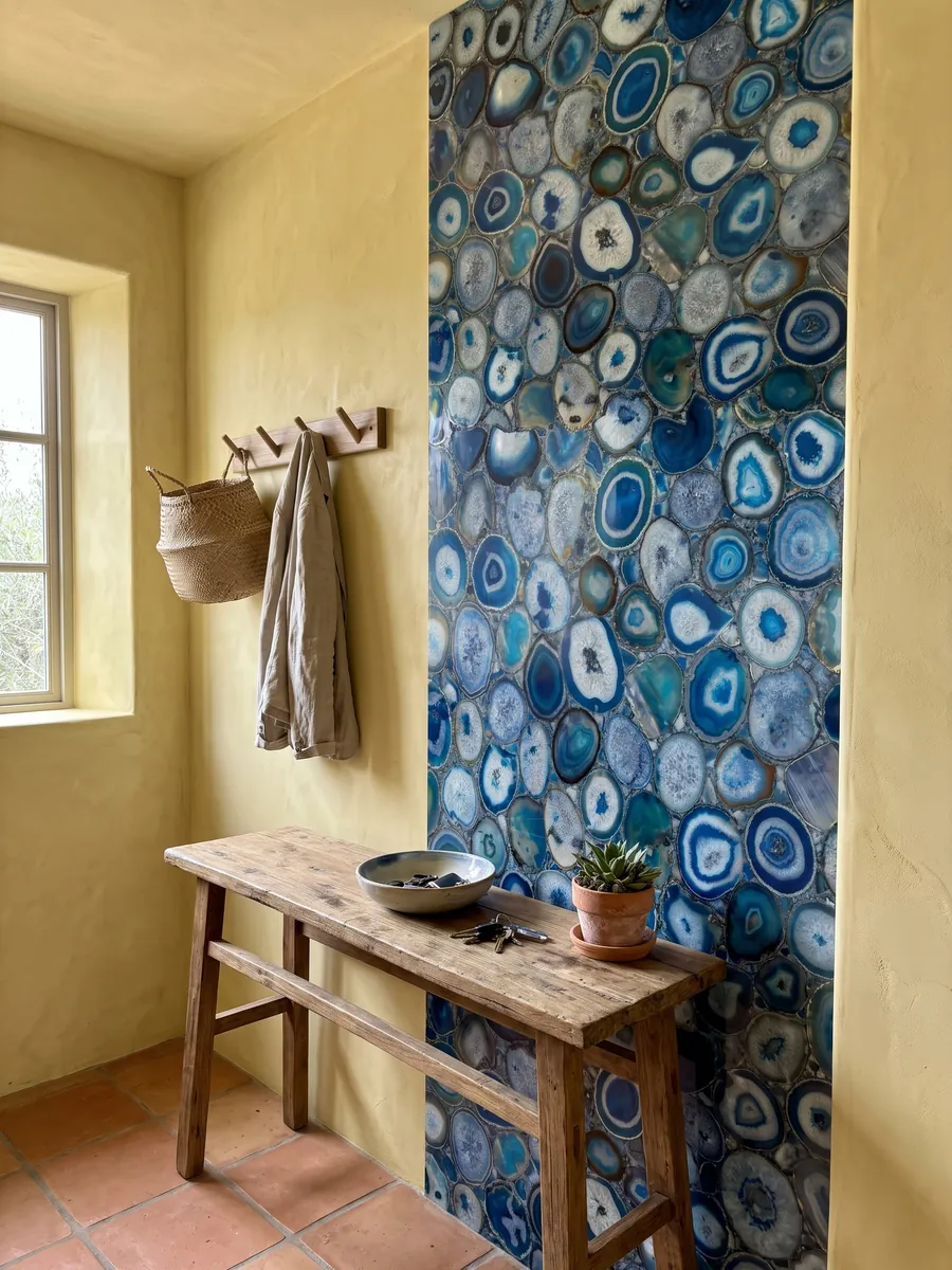 Pared de recibidor revestida con Ágata Azul con consola estrecha: mosaico de rodajas de ágata azul con anillos concéntricos y centros blancos