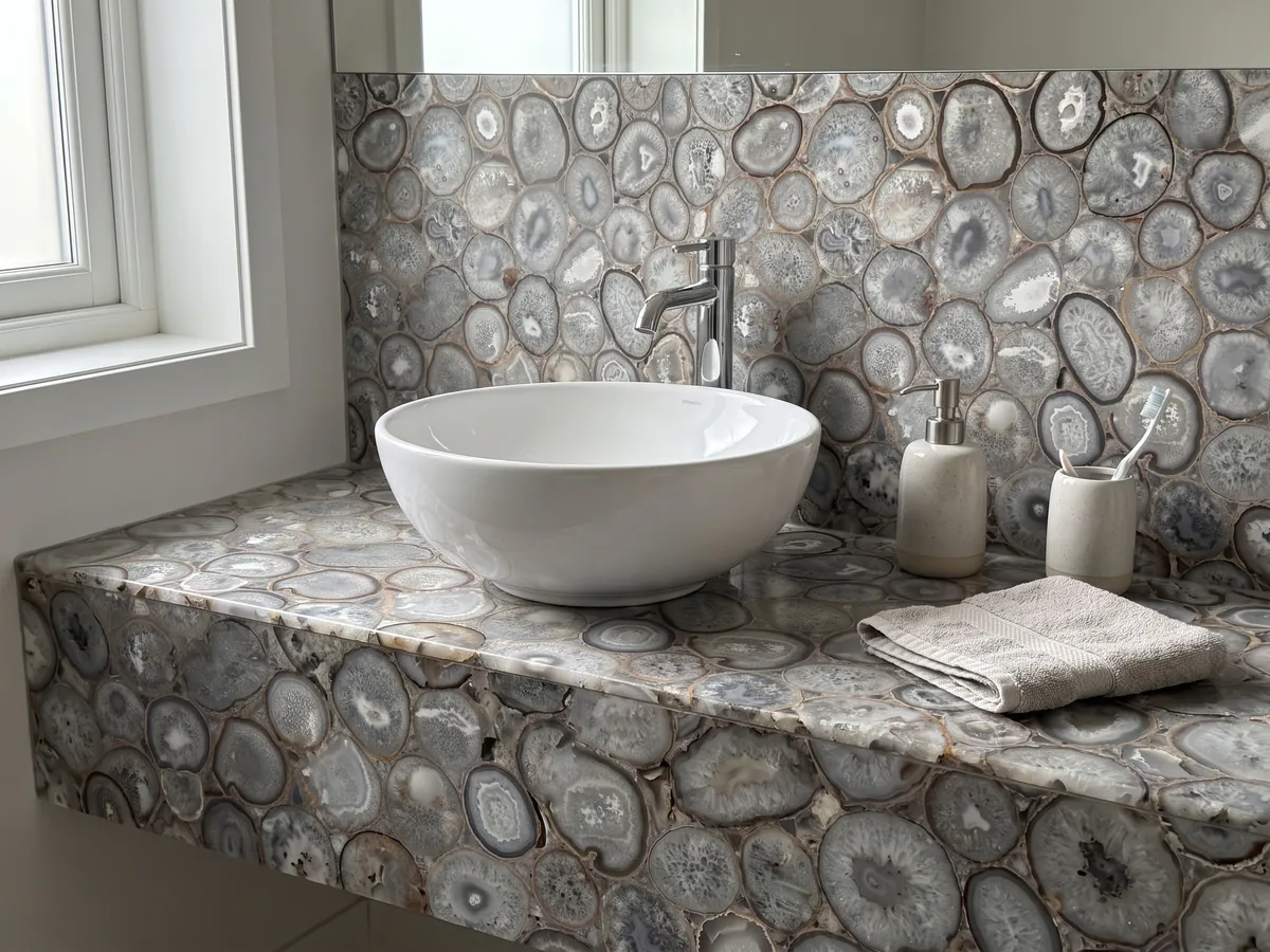 Cubierta de lavabo y pared de baño en Ágata Cristal con lavamanos blanco y grifería cromada: mosaico de rodajas de ágata gris y blanca, de aspecto cristalino