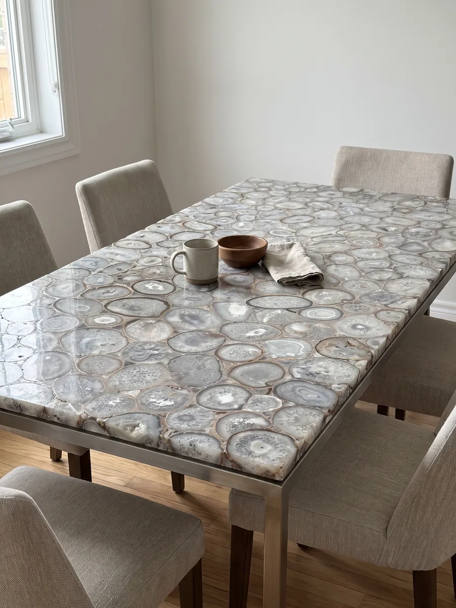 Mesa de comedor con cubierta de Ágata Cristal sobre base de acero: mosaico de rodajas de ágata gris y blanca, de aspecto cristalino