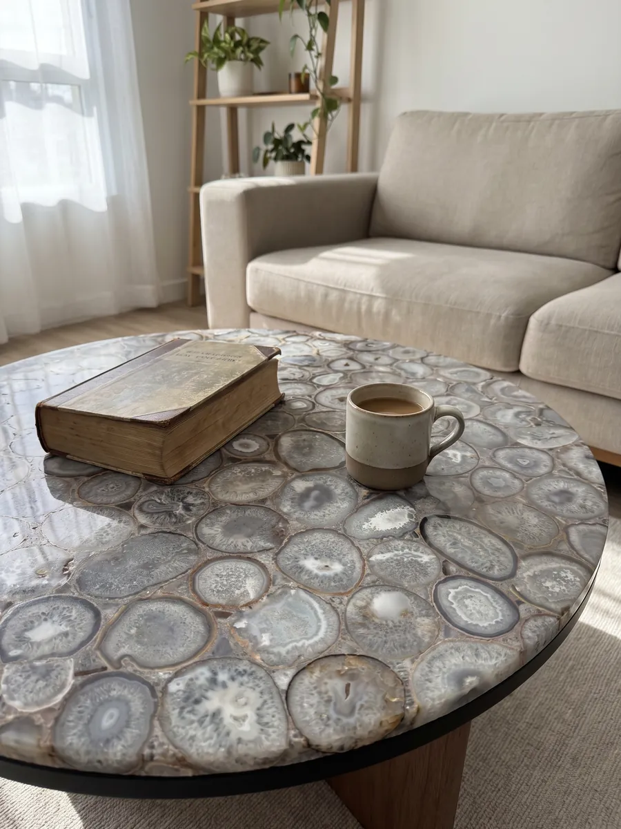 Mesa de centro con cubierta de Ágata Cristal en una sala: mosaico de rodajas de ágata gris y blanca, de aspecto cristalino