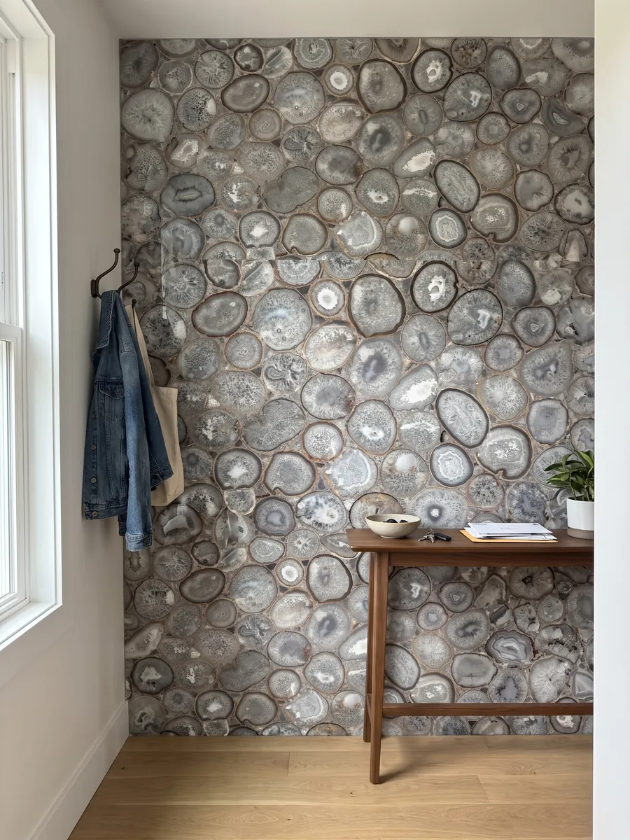 Pared de recibidor revestida con Ágata Cristal con consola estrecha: mosaico de rodajas de ágata gris y blanca, de aspecto cristalino