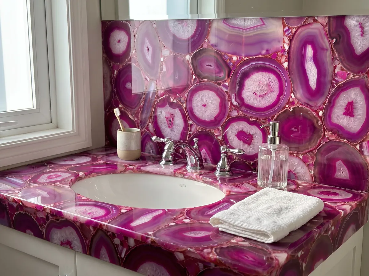 Cubierta de lavabo y pared de baño en Ágata Fucsia con lavamanos blanco y grifería cromada: rodajas grandes de ágata fucsia intenso con bandas concéntricas y centros blancos