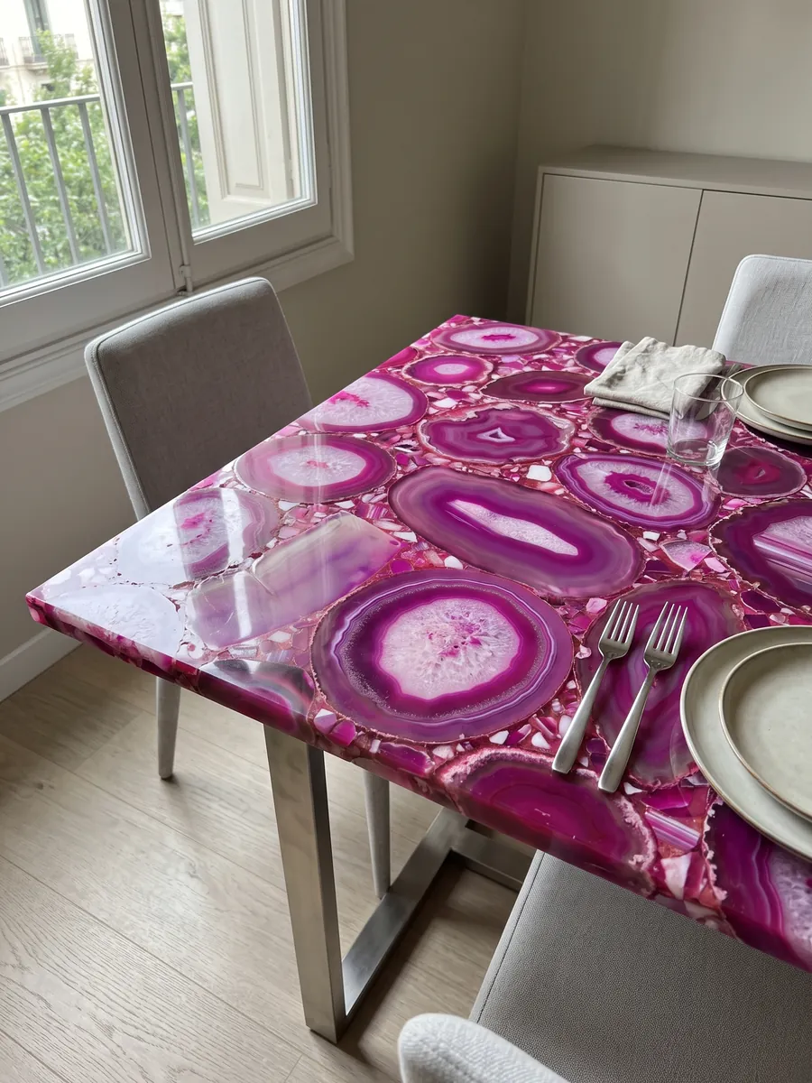 Mesa de comedor con cubierta de Ágata Fucsia sobre base de acero: rodajas grandes de ágata fucsia intenso con bandas concéntricas y centros blancos