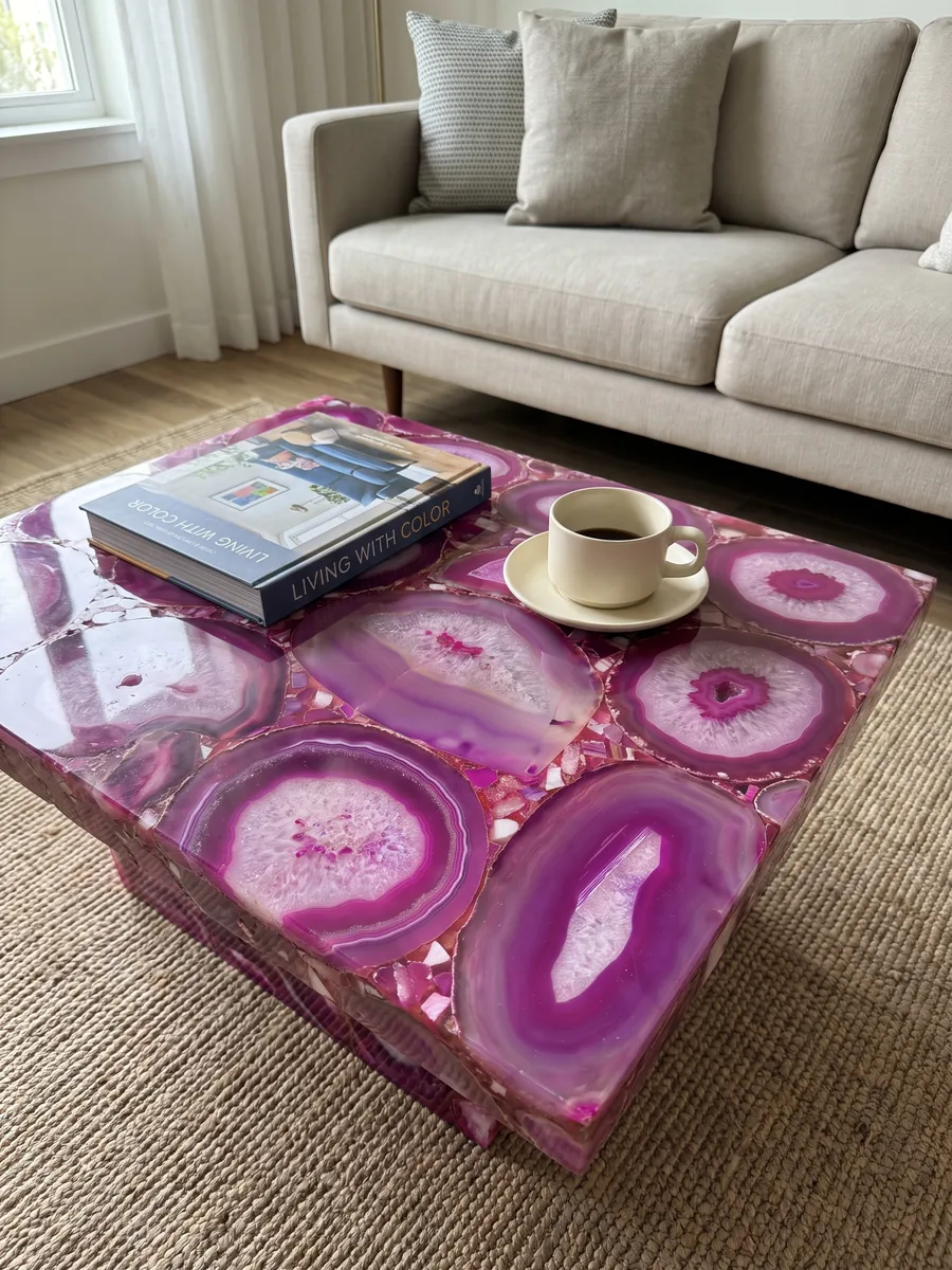 Mesa de centro con cubierta de Ágata Fucsia en una sala: rodajas grandes de ágata fucsia intenso con bandas concéntricas y centros blancos