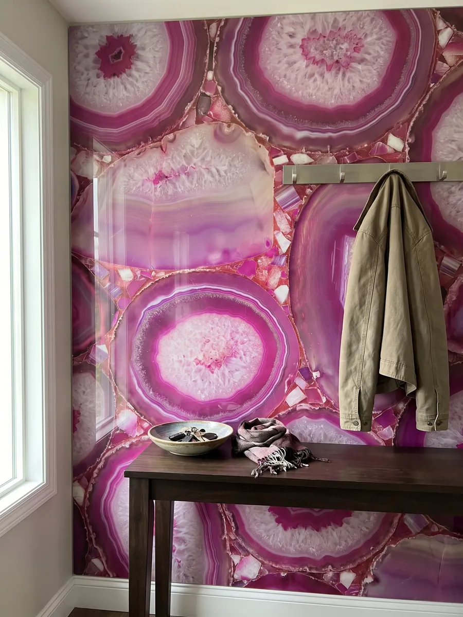 Pared de recibidor revestida con Ágata Fucsia con consola estrecha: rodajas grandes de ágata fucsia intenso con bandas concéntricas y centros blancos