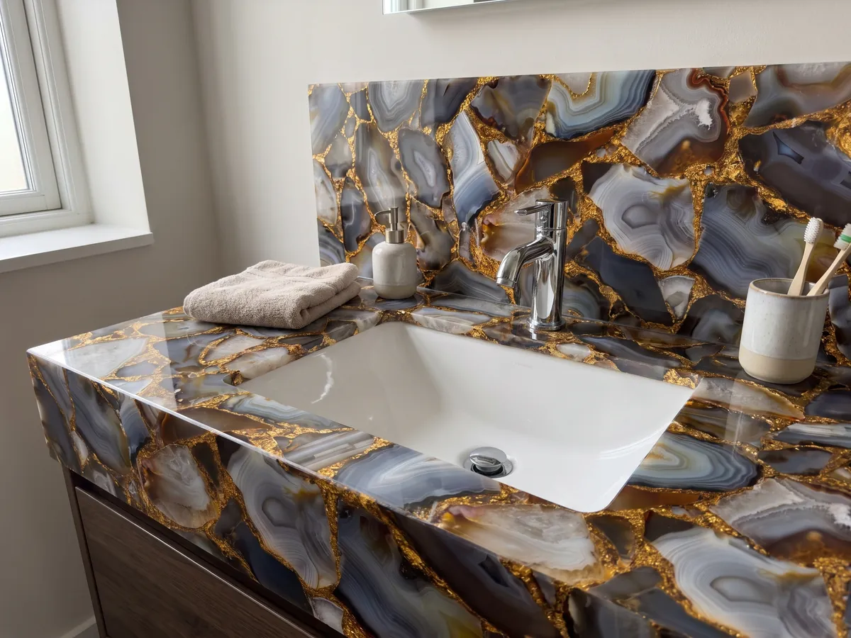 Cubierta de lavabo y pared de baño en Ágata Gris con Hoja de Oro con lavamanos blanco y grifería cromada: piezas de ágata gris, marrón y naranja unidas por juntas doradas