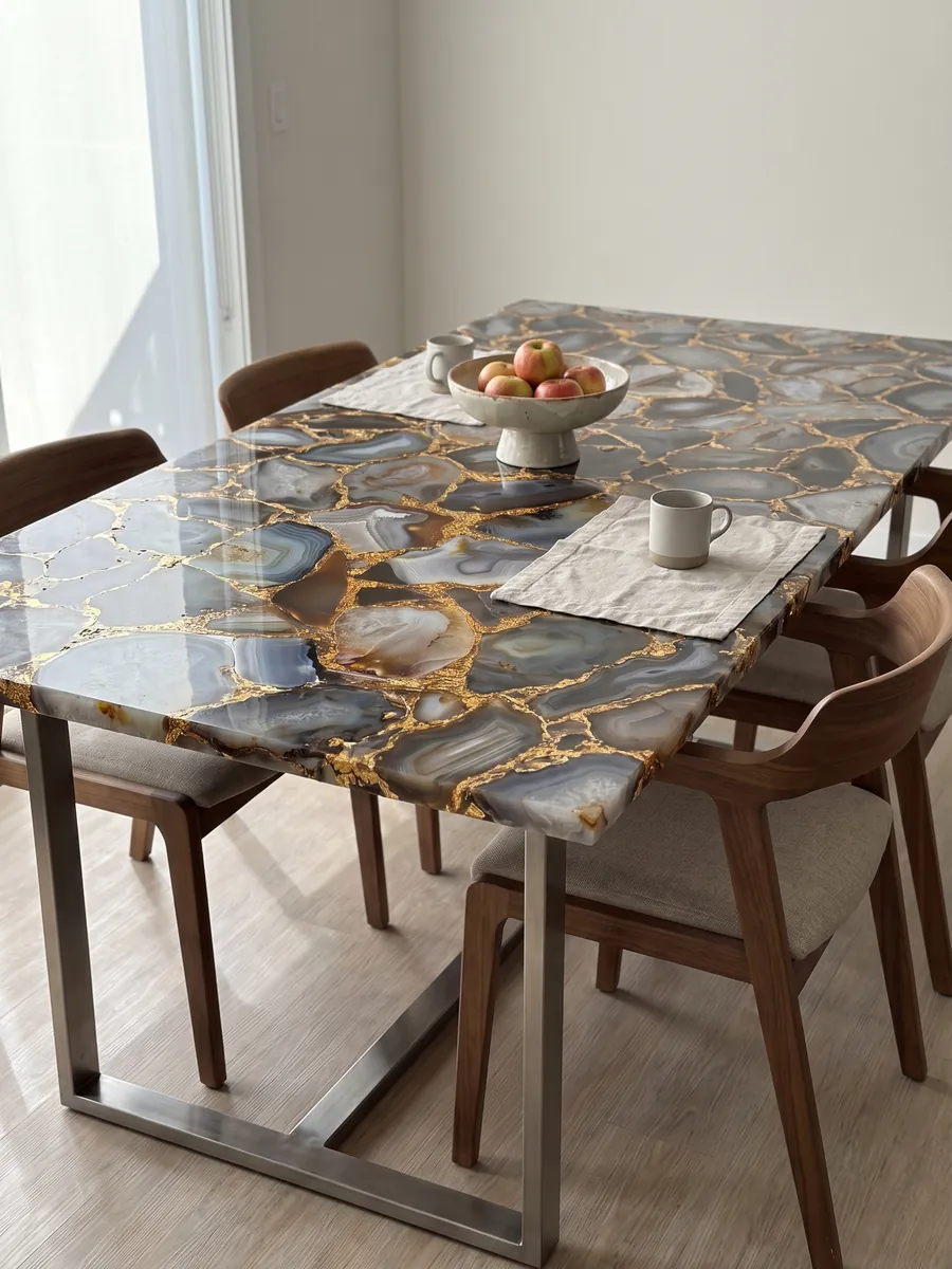 Mesa de comedor con cubierta de Ágata Gris con Hoja de Oro sobre base de acero: piezas de ágata gris, marrón y naranja unidas por juntas doradas
