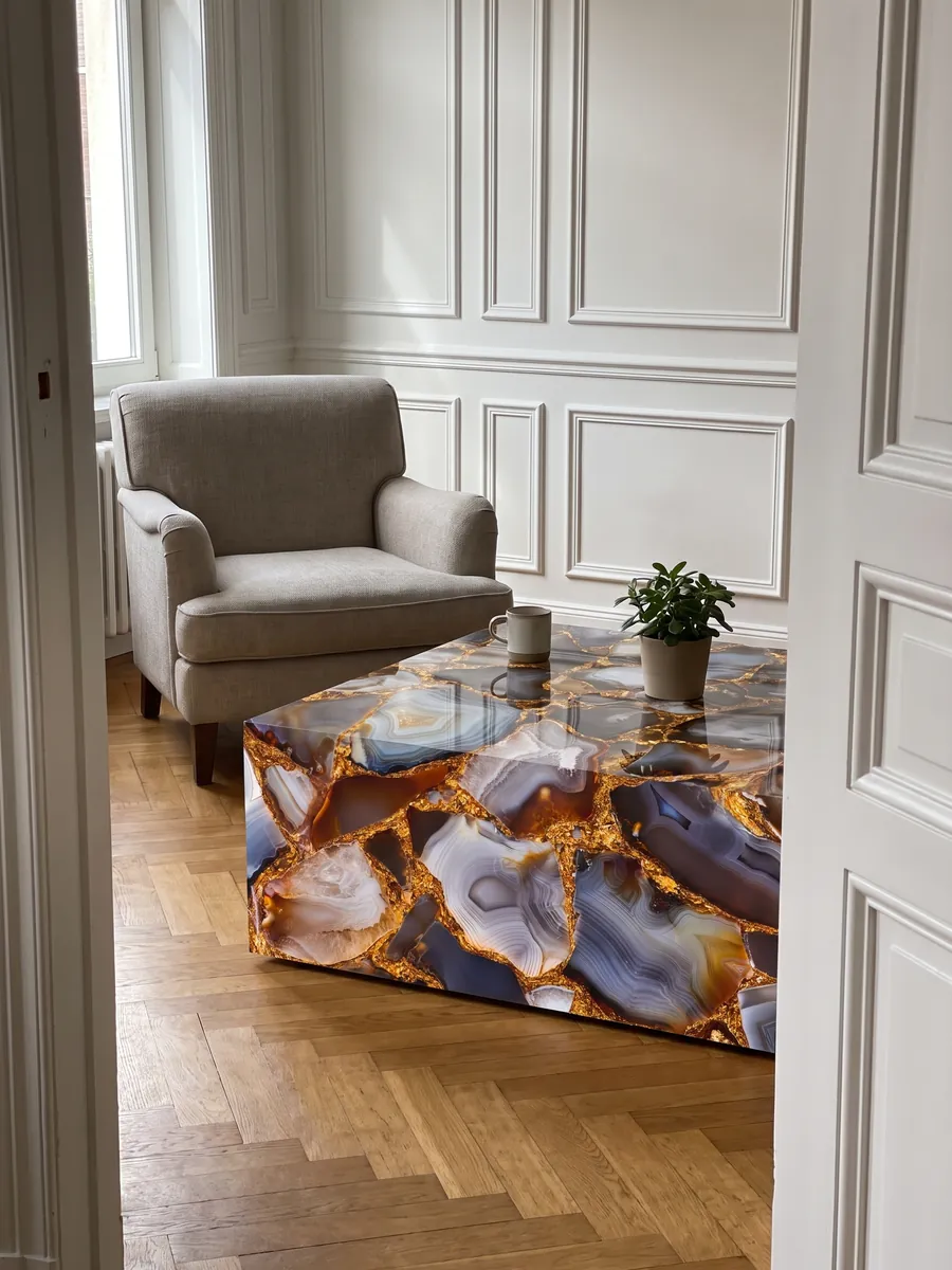 Mesa de centro con cubierta de Ágata Gris con Hoja de Oro en una sala: piezas de ágata gris, marrón y naranja unidas por juntas doradas