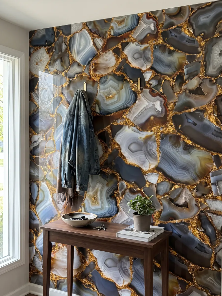 Pared de recibidor revestida con Ágata Gris con Hoja de Oro con consola estrecha: piezas de ágata gris, marrón y naranja unidas por juntas doradas