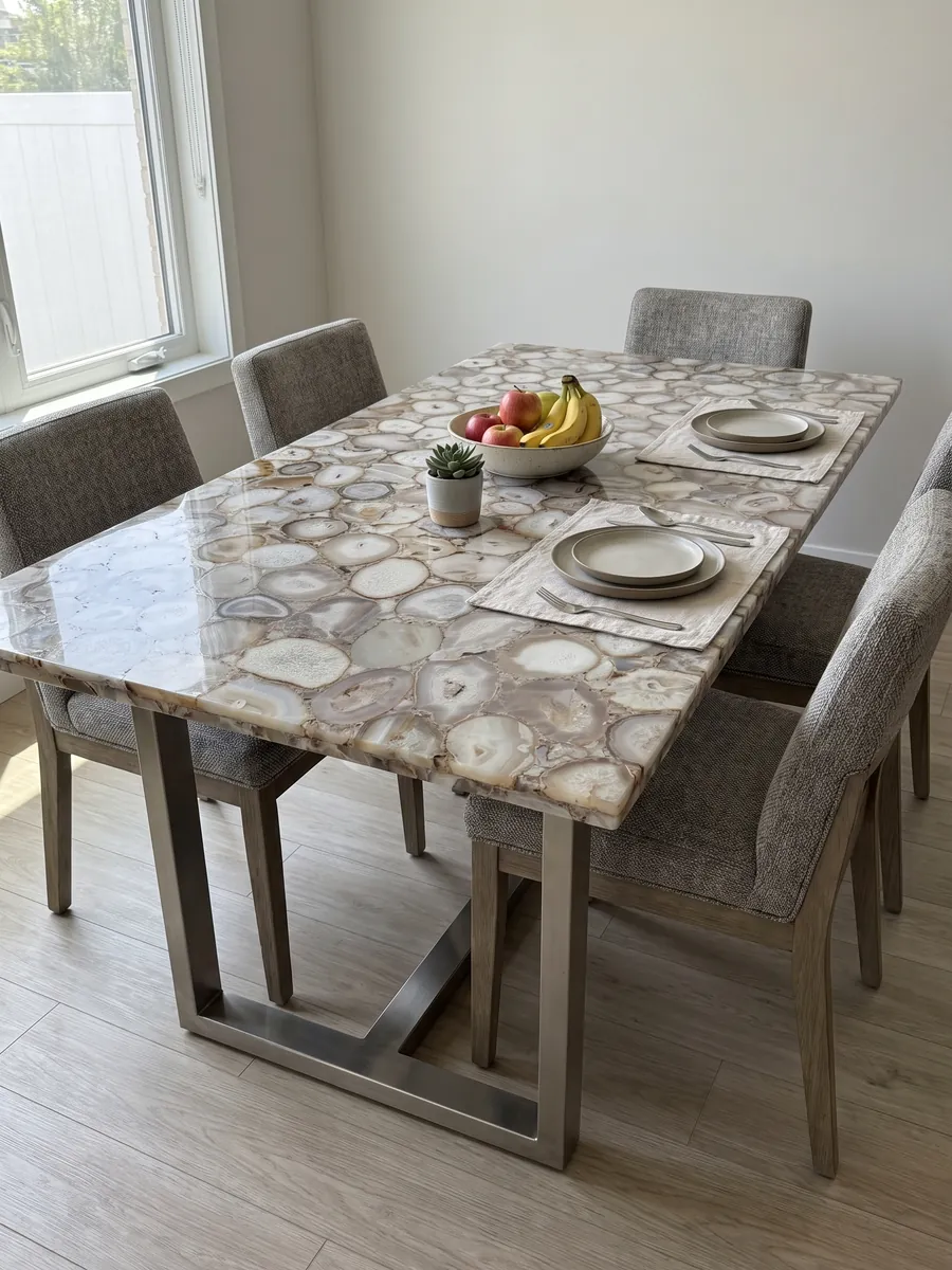 Mesa de comedor con cubierta de Ágata Gris sobre base de acero: rodajas de ágata gris beige y blanca, en tonos neutros