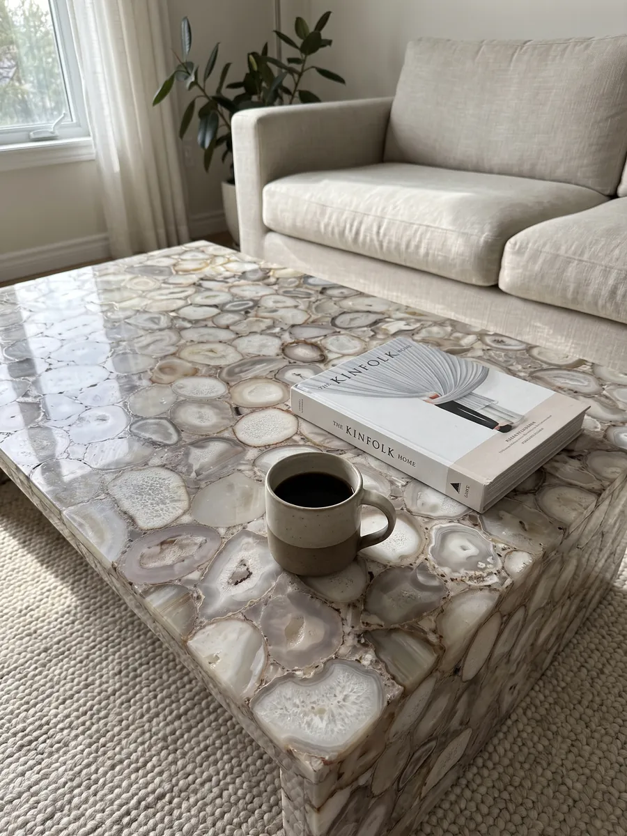 Mesa de centro con cubierta de Ágata Gris en una sala: rodajas de ágata gris beige y blanca, en tonos neutros