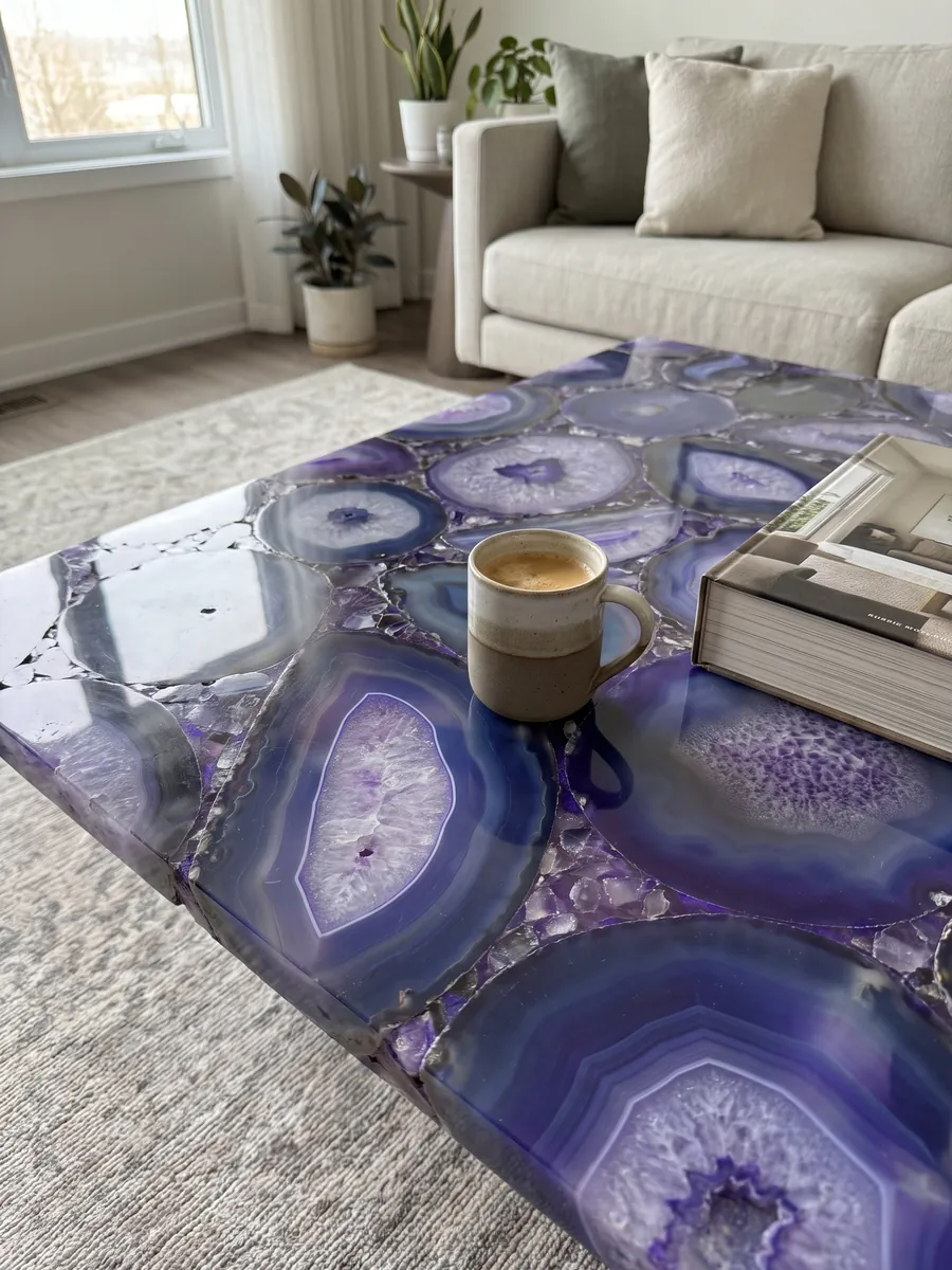 Mesa de centro con cubierta de Ágata Morada en una sala: rodajas grandes de ágata violeta azulado con centros lila cristalinos