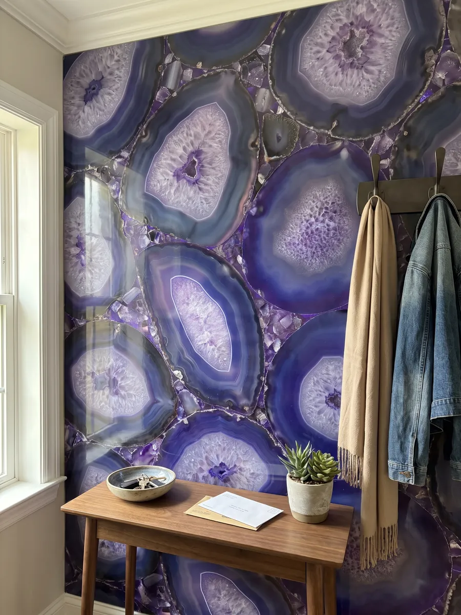 Pared de recibidor revestida con Ágata Morada con consola estrecha: rodajas grandes de ágata violeta azulado con centros lila cristalinos
