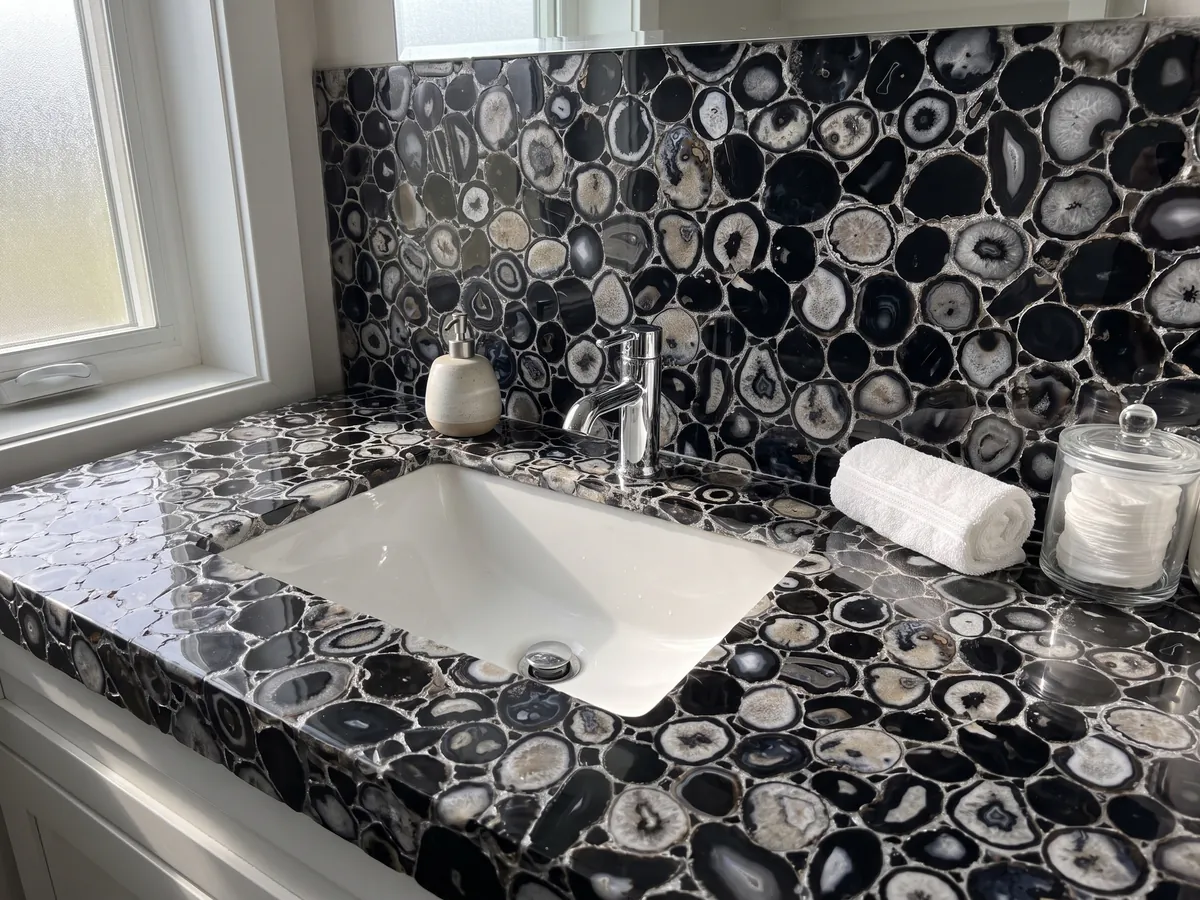 Cubierta de lavabo y pared de baño en Ágata Negra con Hoja de Plata con lavamanos blanco y grifería cromada: rodajas de ágata negras y grises unidas por juntas de color plateado