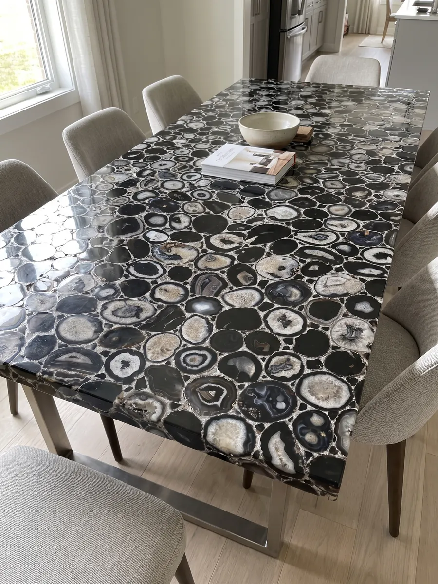 Mesa de comedor con cubierta de Ágata Negra con Hoja de Plata sobre base de acero: rodajas de ágata negras y grises unidas por juntas de color plateado