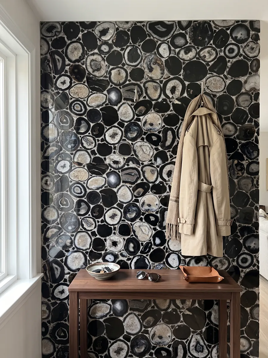 Pared de recibidor revestida con Ágata Negra con Hoja de Plata con consola estrecha: rodajas de ágata negras y grises unidas por juntas de color plateado