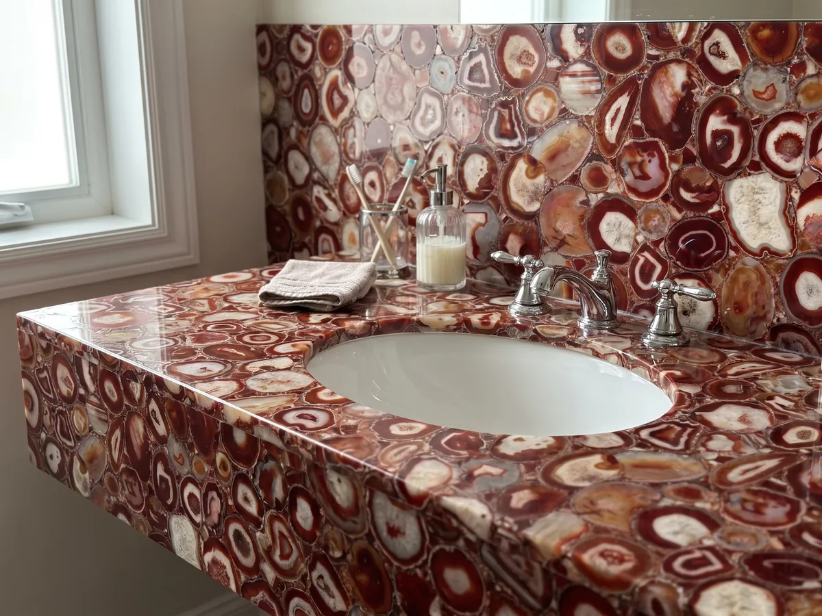 Cubierta de lavabo y pared de baño en Ágata Roja con lavamanos blanco y grifería cromada: mosaico de rodajas rojas con anillos y centros crema