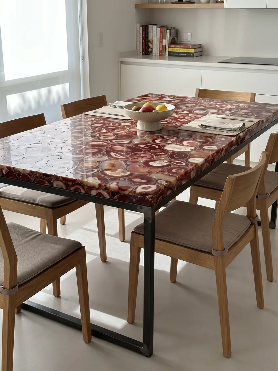 Mesa de comedor con cubierta de Ágata Roja sobre base de acero: mosaico de rodajas rojas con anillos y centros crema