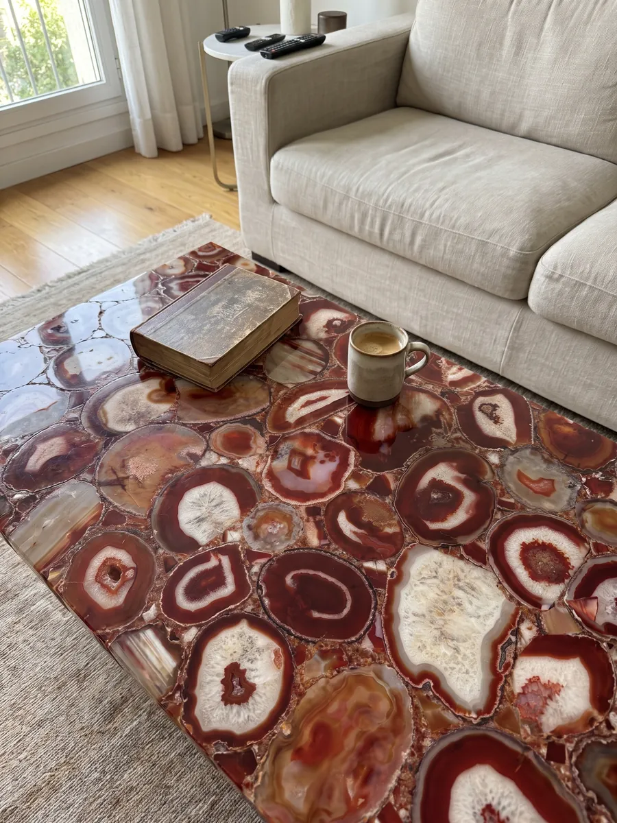 Mesa de centro con cubierta de Ágata Roja en una sala: mosaico de rodajas rojas con anillos y centros crema