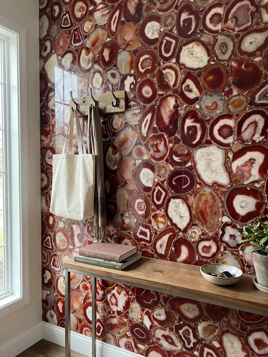 Pared de recibidor revestida con Ágata Roja con consola estrecha: mosaico de rodajas rojas con anillos y centros crema
