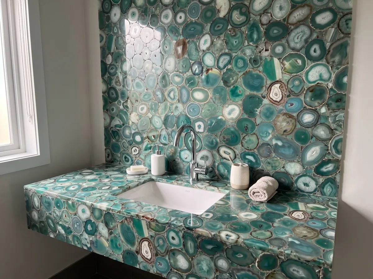 Cubierta de lavabo y pared de baño en Ágata Verde con lavamanos blanco y grifería cromada: mosaico de rodajas de ágata verde azulado con anillos y centros claros