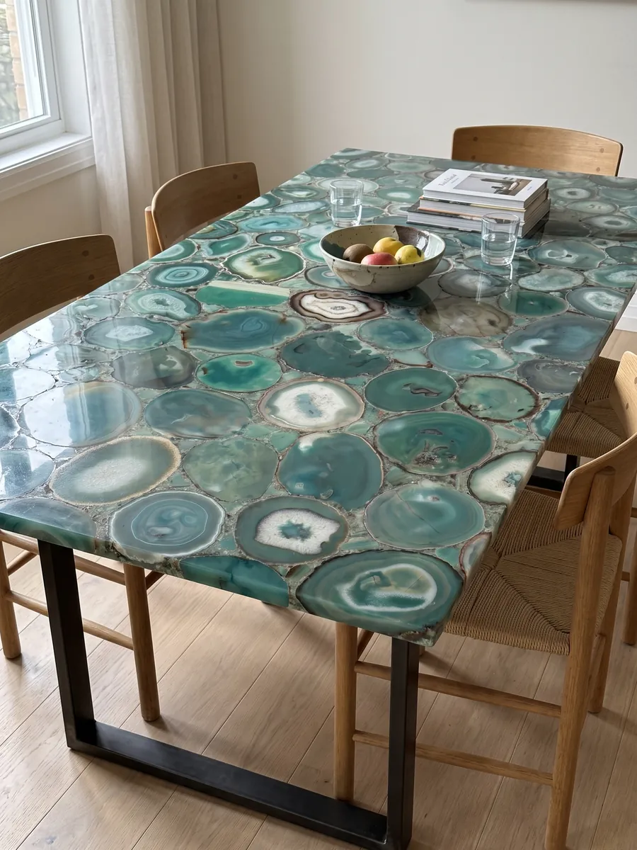Mesa de comedor con cubierta de Ágata Verde sobre base de acero: mosaico de rodajas de ágata verde azulado con anillos y centros claros
