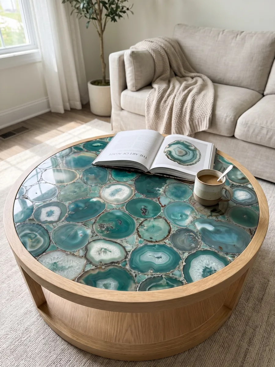 Mesa de centro con cubierta de Ágata Verde en una sala: mosaico de rodajas de ágata verde azulado con anillos y centros claros