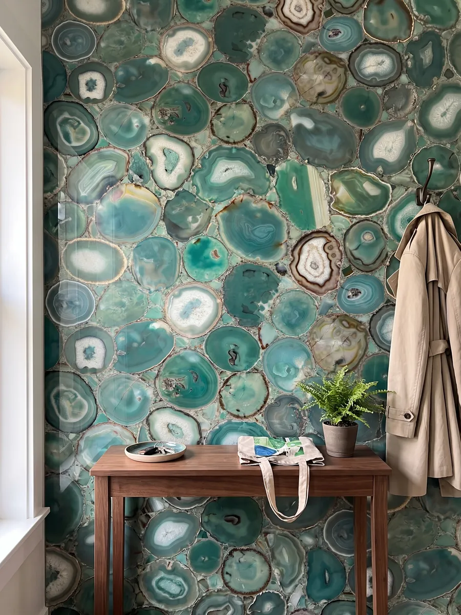 Pared de recibidor revestida con Ágata Verde con consola estrecha: mosaico de rodajas de ágata verde azulado con anillos y centros claros