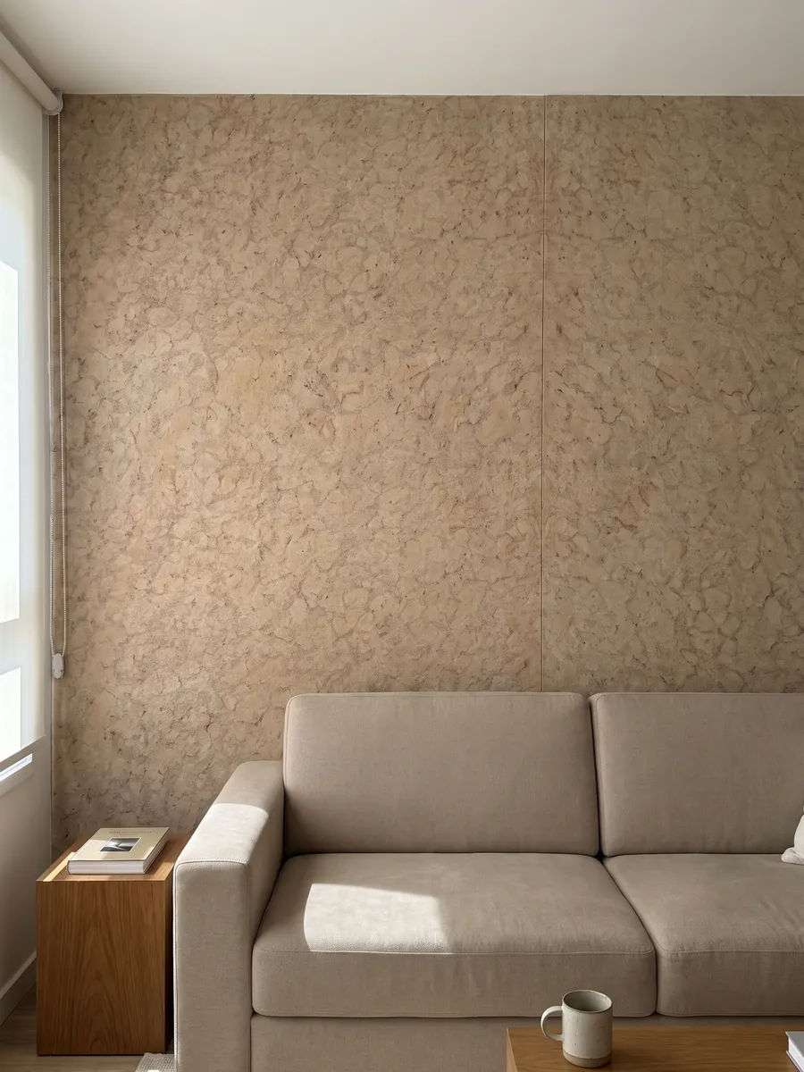 Pared de sala revestida con placas de Arenisca Santafiora Fiorita abiertas en libro detrás de un sofá: beige arena con un dibujo de manchas en red, parecido a un craquelado fino