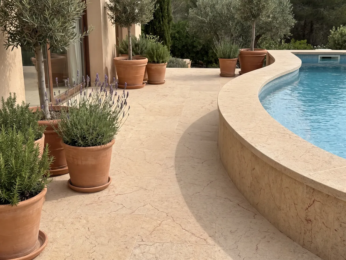 Piso de terraza y borde de piscina en Arenisca Santafiora Fiorita con macetas: beige arena con un dibujo de manchas en red, parecido a un craquelado fino