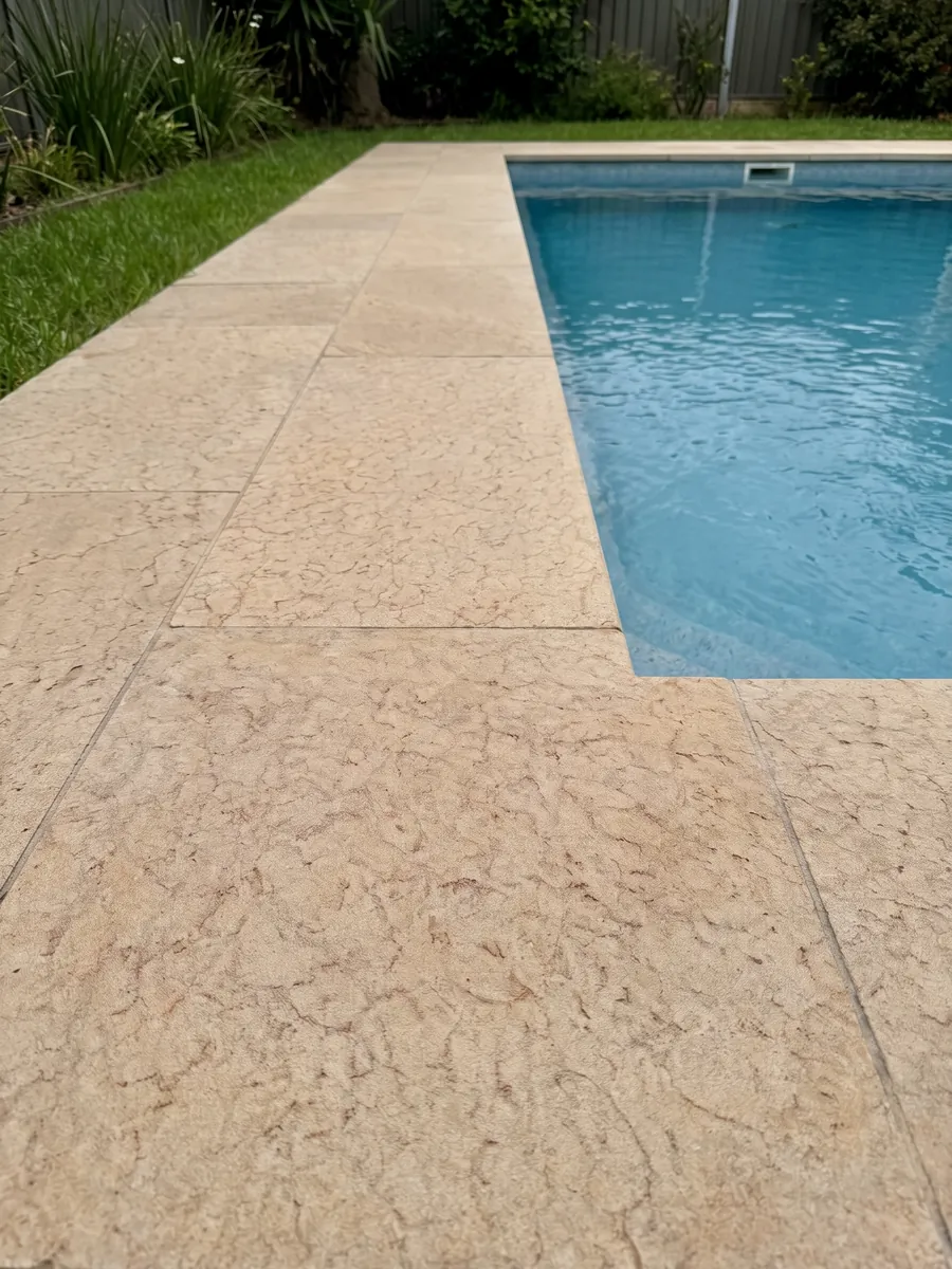 Borde y entorno de piscina en Arenisca Santafiora Fiorita en el jardín de una casa: beige arena con un dibujo de manchas en red, parecido a un craquelado fino